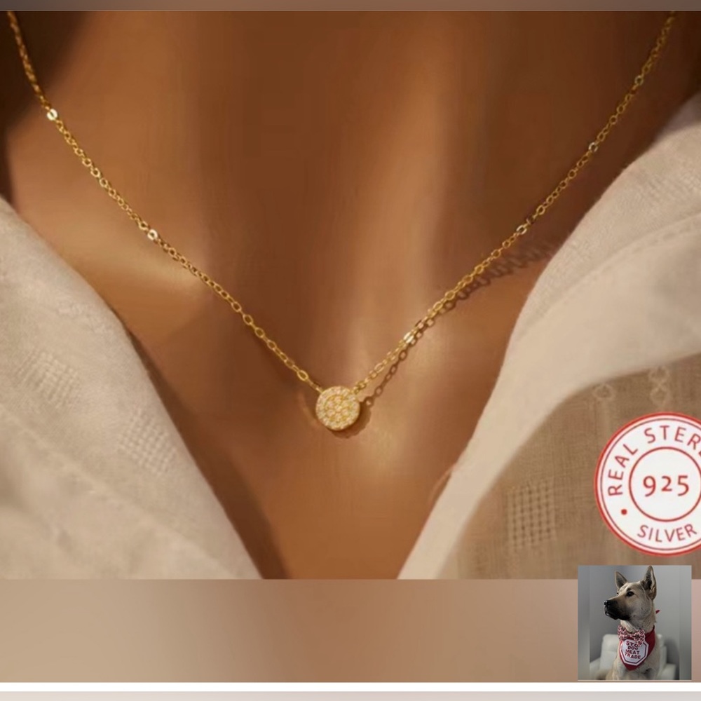 NECKLACE CZ PAVE 925 STERLING SILVER GOLD DISC  16”